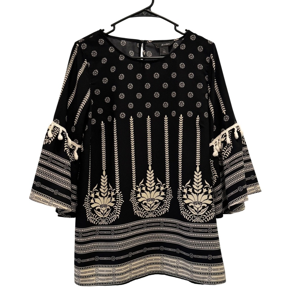 Ali Miles Boho Tassels Bell‎ Sleeve Tunic Black & Beige Artsy Blouse Sz Small